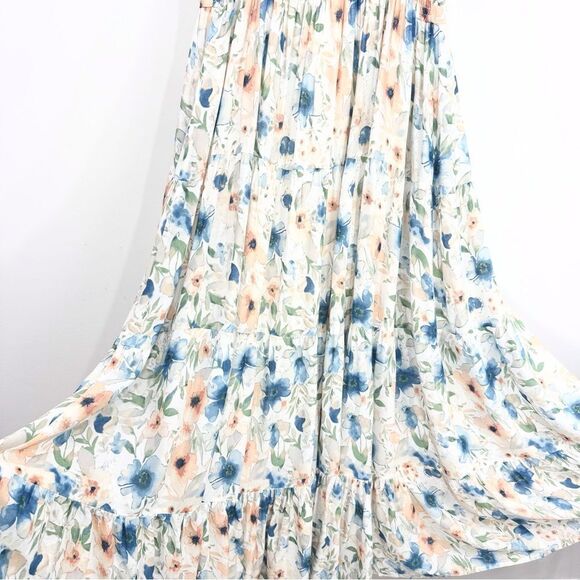 Penelope Rose White Blue Peach Floral V Neck Tiered Maxi Tank Dress NEW - Picture 12 of 16